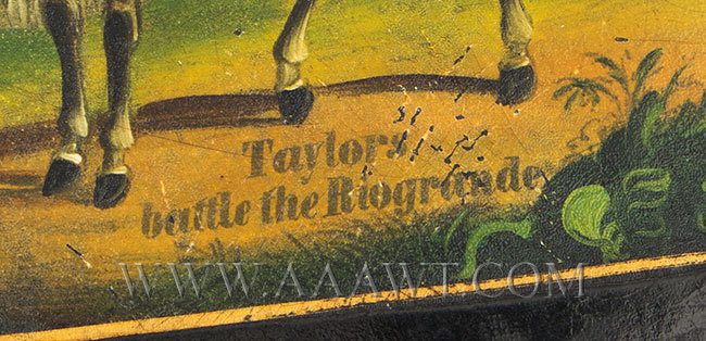 Cigar Case; Papier Mache, Zachary Taylor on Horseback, Battle of the Rio Grande
Circa 1846 to 1850, text detail